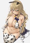 1girl animal_ears animal_print arm_support bell bikini blonde_hair blue_eyes blush bow braid breasts closed_mouth cow_print cowbell elbow_gloves fake_animal_ears gloves hair_between_eyes hair_bow highres large_breasts long_hair looking_at_viewer momendoufu neck_bell original print_bikini print_gloves print_legwear side_braid sitting skindentation solo swimsuit thigh-highs