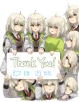  6+girls absurdres ahoge arknights blonde_hair brown_jacket clone coat green_shirt hair_ornament heart highres holding holding_sign jacket korean_commentary looking_at_viewer looking_up milestone_celebration multiple_girls necktie open_mouth polyvora red_neckwear scene_(arknights) shirt short_hair sign simple_background white_background white_coat white_shirt yellow_eyes 