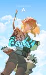  1boy absurdres arrow_(projectile) backlighting bangs blonde_hair blue_sky bow_(weapon) clouds cloudy_sky copyright_name cowboy_shot earrings highres jewelry lightning link medium_hair pointy_ears quiver shorts sky solo t5oy7a8 the_legend_of_zelda the_legend_of_zelda:_breath_of_the_wild weapon 