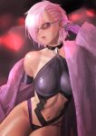  1girl breasts elbow_gloves fate/grand_order fate_(series) glasses gloves hair_over_one_eye highres kirie_kairi leotard looking_at_viewer mash_kyrielight navel open_mouth pink_hair short_hair solo sunglasses violet_eyes 