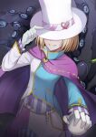  1boy absurdres akiba&#039;s_beat blonde_hair cape evil_smile hat heart heart_necklace highres holding holding_clothes holding_hat kanon_(akiba&#039;s_beat) namakisama nyarlathotep_(persona_2) persona persona_2 pink_cape short_hair smile tentacles white_headwear 