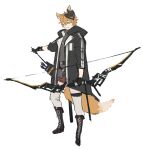  1boy absurdres alternate_costume animal_ears arrow_(projectile) bangs black_coat black_footwear black_gloves blue_eyes boots bow_(weapon) coat cross-laced_footwear fox_boy fox_ears fox_tail genshin_impact gloves hair_between_eyes highres holding holding_arrow holding_bow_(weapon) holding_weapon hood hood_down lace-up_boots male_focus mask mask_on_head orange_hair pants papajay_(jennygin2) quiver simple_background solo standing tail tartaglia_(genshin_impact) weapon white_background 