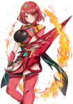  1girl absurdres aegis_sword_(xenoblade) bangs black_gloves breasts chest_jewel earrings fingerless_gloves gem gloves headpiece highres jewelry large_breasts miyako_(00727aomiyako) pyra_(xenoblade) red_eyes red_legwear red_shorts redhead short_hair short_shorts shorts swept_bangs sword thigh-highs tiara weapon xenoblade_chronicles_(series) xenoblade_chronicles_2 