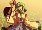  1girl :d blue_skirt blurry bokeh closed_eyes depth_of_field detached_sleeves eyebrows_visible_through_hair gohei green_hair hair_ornament highres kochiya_sanae linmiee medium_hair midriff_peek open_mouth sarashi shirt skirt sleeveless sleeveless_shirt smile snake_hair_ornament touhou unmoving_pattern white_shirt wide_sleeves wrist_wrap yellow_background 