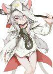 1girl animal_ears bare_legs gas_mask hair_between_eyes highres holding holding_weapon jacket long_hair long_sleeves looking_at_viewer original patch shiromiso silver_hair solo sparkling_eyes tail violet_eyes weapon white_background zipper 