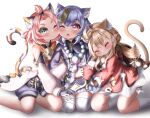  3girls :3 ;o ^_^ absurdres ahoge animal_ears arm_hug backpack bag bag_charm bangs bangs_pinned_back bead_necklace beads belt bloomers blush brown_gloves brown_scarf cat_ears cat_tail charm_(object) cheek-to-cheek closed_eyes clover_print coat commentary_request detached_sleeves diona_(genshin_impact) dodoco_(genshin_impact) eyebrows_visible_through_hair genshin_impact gloves green_eyes hair_between_eyes hair_ribbon highres holding_another&#039;s_arm huge_filesize jewelry jiangshi kemonomimi_mode klee_(genshin_impact) kneehighs kneeling kuma_piv light_brown_hair long_hair long_sleeves looking_at_another looking_at_viewer low_twintails multiple_girls necklace no_headwear ofuda one_eye_closed pink_hair pocket pointy_ears purple_hair qiqi_(genshin_impact) randoseru red_coat ribbon scarf short_hair shorts sidelocks simple_background sitting tail thick_eyebrows thigh-highs twintails underwear violet_eyes wariza white_background white_gloves white_legwear wide_sleeves zettai_ryouiki 
