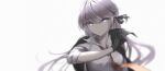  1girl absurdres adjusting_clothes adjusting_gloves bangs black_gloves black_jacket black_ribbon blurry blurry_foreground braid breasts closed_mouth collarbone collared_shirt commentary_request dangan_ronpa:_trigger_happy_havoc dangan_ronpa_(series) depth_of_field eyebrows_visible_through_hair floating_hair frown gloves hair_ribbon highres jacket kirigiri_kyouko long_hair looking_at_viewer medium_breasts necktie open_clothes ribbon shirt smilent solo upper_body violet_eyes 