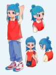  1girl absurdres arms_up bag bangs blue_hair blunt_bangs collared_shirt cropped_torso full_body grey_pants hair_bun highres medium_hair multiple_views original pants parted_lips red_eyes red_sweater ritao_kamo shirt shoes shoulder_bag simple_background smile standing sweater upper_body white_background white_shirt 