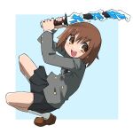  1girl black_necktie black_skirt blush brown_eyes brown_hair copyright_request eyebrows_visible_through_hair full_body highres holding holding_sword holding_weapon kill_me_baby loafers long_sleeves looking_at_viewer necktie open_mouth oribe_yasuna pleated_skirt shoes short_hair skirt smile socks solo sword teeth upper_teeth water weapon white_legwear yachima_tana 