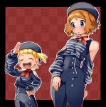  2girls alternate_costume ameiro_pk arm_behind_back bangs bare_shoulders blonde_hair blue_eyes blush bonnie_(pokemon) breasts buttons checkered checkered_background clothing_cutout commentary_request eyebrows_visible_through_hair eyelashes grey_headwear grey_pants grey_shirt hand_on_hip hat high-waist_pants multiple_girls neck_ribbon open_mouth orange_hair outline pants pokemon pokemon_(anime) pokemon_xy_(anime) red_background red_ribbon ribbon serena_(pokemon) shiny shiny_hair shirt short_hair shoulder_cutout smile striped striped_shirt sweatdrop tongue upper_teeth |d 
