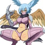  1girl armor bangs bikini black_scarf blue_eyes blue_hair breasts claws commentary_request digimon digimon_(creature) eyebrows_visible_through_hair facial_mark feathered_wings garter_straps groin hair_between_eyes hair_wings hand_up highres large_breasts long_hair looking_at_viewer mask mouth_mask navel partial_commentary purple_bikini purple_legwear rinouru scarf shoulder_armor shutumon sidelocks simple_background skindentation solo spread_legs squatting stomach swimsuit thigh-highs white_background wings 