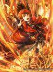  1boy arm_up bangs belt boots cape company_name fire fire_emblem fire_emblem:_radiant_dawn fire_emblem_cipher headband holding holding_weapon indoors magic male_focus official_art open_mouth shorts solo takaya_tomohide tormod_(fire_emblem) weapon 