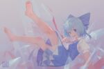  1girl absurdres bangs barefoot blue_bow blue_dress blue_hair bow cirno clenched_hand collared_shirt commentary commentary_request demozeroc detached_wings dress fairy_wings falling fangs full_body hand_up highres huge_filesize ice ice_wings legs_up looking_at_viewer open_mouth puffy_short_sleeves puffy_sleeves red_ribbon ribbon shirt short_hair short_sleeves simple_background soles solo toes touhou wings 
