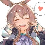 1girl :d ^_^ amiya_(arknights) animal_ears arknights ascot bangs blue_neckwear blush brown_hair chern0 chinese_commentary closed_eyes commentary_request hands_up heart jewelry open_mouth portrait rabbit_ears ring simple_background smile solo spoken_heart white_background 