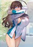  1girl ahoge black_hair blue_eyes blurry breasts commentary_request competition_swimsuit cowboy_shot depth_of_field highleg highleg_swimsuit highres hood hooded_jacket hoodie jacket large_breasts leaf long_hair one-piece_swimsuit open_clothes open_jacket original shino_yoshihisa solo swimsuit white_jacket white_swimsuit 