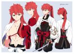 1boy alternate_hair_length alternate_hairstyle bangs cape character_sheet cowboy_shot emiya_shirou fate/grand_order fate/stay_night fate_(series) from_behind hair_ornament highres holding holding_sword holding_weapon igote kamo_0707 looking_at_viewer male_focus multiple_views nagatekkou orange_eyes ponytail profile redhead rope sengo_muramasa_(fate) shimenawa simple_background solo sword twitter_username type-moon upper_body weapon wide_sleeves 