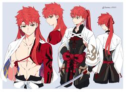  1boy alternate_hair_length alternate_hairstyle bangs cape character_sheet cowboy_shot emiya_shirou fate/grand_order fate/stay_night fate_(series) from_behind hair_ornament highres holding holding_sword holding_weapon igote kamo_0707 looking_at_viewer male_focus multiple_views nagatekkou orange_eyes ponytail profile redhead rope sengo_muramasa_(fate) shimenawa simple_background solo sword twitter_username type-moon upper_body weapon wide_sleeves 