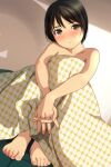  1girl absurdres bangs barefoot black_hair blush brown_eyes collarbone dutch_angle eyebrows_visible_through_hair head_tilt highres hugging_own_legs knees_up looking_at_viewer matsunaga_kouyou naked_sheet nose_blush original sitting solo 