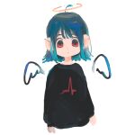  1girl ahoge angel angel_wings aqua_hair bangs black_shirt ear_piercing earrings halo highres jewelry original piercing print_shirt red_eyes ritao_kamo shirt simple_background solo upper_body white_background wings 