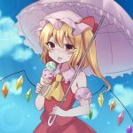  1girl armband ascot bangs blonde_hair blue_sky clouds cowboy_shot crystal eyebrows_visible_through_hair flandre_scarlet food hat hat_ribbon highres holding holding_food holding_umbrella ice_cream light_particles looking_at_viewer medium_hair mob_cap open_mouth outdoors parasol red_eyes red_ribbon red_shirt red_skirt ribbon shirt side_ponytail skirt sky sleeveless sleeveless_shirt smile solo standing subaru_(subachoco) sweatdrop tongue tongue_out touhou umbrella white_headwear white_umbrella wings yellow_neckwear 