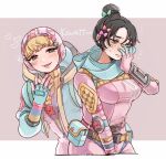  2girls :3 alternate_color apex_legends bangs black_hair blonde_hair blue_eyes blue_jacket blue_scarf blush bodysuit bow breasts embarrassed green_bow hair_bow hair_bun hand_on_own_face heart highres hood jacket leaning_forward looking_down matching_outfit medium_breasts multiple_girls open_hand open_mouth orange_bow pink_bodysuit pink_bow pink_headwear ribbed_bodysuit scarf shimijimi small_breasts smile smug wattson_(apex_legends) wraith_(apex_legends) yellow_bodysuit 