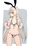  1girl animal_print bikini black_hairband blonde_hair commentary_request cow_print cowboy_shot flat_chest front-tie_top grey_eyes hairband highres kantai_collection long_hair looking_at_viewer profile shimakaze_(kancolle) shishanmo solo standing swimsuit untied untied_bikini white_bikini 