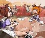  &gt;_&lt; 2boys 3girls animal_ears brown_hair coffee cup e-ncyo highres horse_ears horse_girl indoors long_hair mayano_top_gun_(umamusume) multicolored_hair multiple_boys multiple_girls one_side_up orange_hair ponytail pov pov_hands restaurant saucer school_uniform sitting steam streaked_hair teacup tokai_teio_(umamusume) tongue tongue_out tracen_school_uniform trainer_(umamusume) twintails two_side_up umamusume watch white_hair 