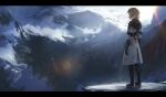  1boy albedo_(genshin_impact) anna_(drw01) black_gloves blonde_hair blue_eyes from_behind genshin_impact gloves highres letterboxed looking_at_viewer male_focus mountain short_hair short_sleeves solo standing 