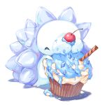  cherry chobonolly closed_eyes commentary_request cupcake eating food food_on_face fruit gen_8_pokemon highres mixed-language_commentary no_humans pokemon pokemon_(creature) snom solo white_background 