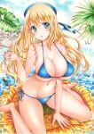  1girl atago_(kancolle) bangs barefoot beret bikini blonde_hair blue_bikini blue_eyes blue_headwear blush breasts clouds eyebrows_visible_through_hair flower hat highres kantai_collection large_breasts long_hair marker_(medium) outdoors parted_lips saya_pr side-tie_bikini sitting sky solo swimsuit traditional_media water yellow_flower 