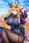  1girl absurdres armor bangs bare_shoulders black_dress black_gloves blonde_hair blue_sky breasts brown_legwear chain dress earrings fate/grand_order fate_(series) gauntlets gawain_(fairy_knight)_(fate) gloves green_eyes heterochromia highres horns jewelry knee_up large_breasts long_hair looking_at_viewer mili_(pixiv24297867) necklace pantyhose parted_lips pauldrons pelvic_curtain red_eyes shoulder_armor sideboob single_gauntlet single_pauldron sky smile solo thighs 