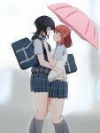  2girls asaka_karin bag blazer blue_eyes blue_hair blurry blurry_background blush commentary eseukei eye_contact highres hug jacket looking_at_another love_live! love_live!_nijigasaki_high_school_idol_club medium_hair multiple_girls nijigasaki_academy_uniform redhead school_bag skirt smile socks uehara_ayumu umbrella yellow_eyes yuri 