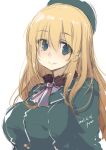  1girl absurdres artist_name ascot atago_(kancolle) beret blonde_hair blue_headwear breasts dated fyuo hat highres kantai_collection large_breasts long_hair looking_at_viewer military military_uniform one-hour_drawing_challenge simple_background solo uniform upper_body white_background white_neckwear 