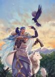  1boy animal animal_on_shoulder armor belt bird bird_on_shoulder blue_hair bracelet cape capelet cu_chulainn_(caster)_(fate) cu_chulainn_(fate)_(all) detached_sleeves dog earrings fate/grand_order fate_(series) floating_hair fur-trimmed_hood fur_trim highres hood hood_down hooded_cape hooded_capelet jewelry long_hair male_focus moon muscular muscular_male outdoors pauldrons raven_(animal) shoulder_armor spiky_hair staff sunset tank_top tree uni_(nico02) vambraces white_wolf wolf wooden_staff 