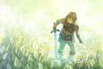  1boy bangs blonde_hair boots brown_gloves closed_mouth day fingerless_gloves flower gloves holding holding_sword holding_weapon hood hood_up hylian_set_(zelda) leaf lingcod_dayu link male_focus master_sword outdoors pants partially_submerged solo sword the_legend_of_zelda the_legend_of_zelda:_breath_of_the_wild tunic water weapon white_flower 