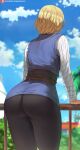  1girl android_18 ass belt blonde_hair clouds commentary dragon_ball dragon_ball_z english_commentary from_behind highres railing shexyo short_hair sky solo thighs tree vest 