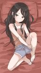  1girl absurdres bare_shoulders barefoot bed_sheet black_hair blue_shorts brown_eyes closed_mouth collarbone copyright_request full_body highres legs long_hair looking_at_viewer lying on_back pillow red_shirt shirt shorts sleeveless sleeveless_shirt solo yamamoto_souichirou 