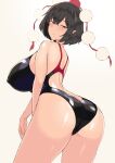  1girl anda_inmu ass black_hair blush breasts contrapposto cowboy_shot from_behind hat highres huge_breasts looking_at_viewer looking_back one-piece_swimsuit pointy_ears pom_pom_(clothes) red_eyes shameimaru_aya short_hair simple_background smile solo swimsuit tokin_hat touhou white_background 