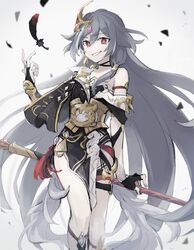  1girl asuna_(doruru-mon) asymmetrical_gloves bangs black_hair feathers fu_hua fu_hua_(herrscher_of_sentience) gloves hair_between_eyes hair_ornament highres holding holding_spear holding_weapon honkai_(series) honkai_impact_3rd long_hair looking_at_viewer polearm red_eyes simple_background smile solo spear teeth weapon white_background 