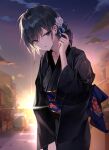  1girl absurdres bangs bara_(03_bara_) black_hair black_kimono blue_eyes blush building clouds commentary_request eyebrows_visible_through_hair flower hair_between_eyes hair_bun hair_flower hair_ornament hand_up head_tilt highres japanese_clothes kimono long_hair long_sleeves looking_at_viewer obi open_mouth original outdoors road sash sky solo standing star_(sky) street sunset white_flower wide_sleeves yokoyama_ishimi yukata 