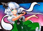  1girl aqua_eyes arms_up bangs black_border black_bow black_hairband black_neckwear blue_background border bow eyebrows_visible_through_hair ghost gradient gradient_background green_skirt green_vest hairband hands_up katana konpaku_youmu konpaku_youmu_(ghost) looking_at_viewer multicolored multicolored_background open_mouth pink_background puffy_short_sleeves puffy_sleeves qqqrinkappp shirt short_hair short_sleeves skirt smile solo sword touhou traditional_media vest weapon white_hair white_shirt white_sleeves 