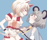  2girls animal_ears bangs bell black_neckwear black_wristband blue_background blue_cape blush cape cat_ears cat_tail dress eyebrows_visible_through_hair goutokuji_mike grey_dress grey_hair hand_on_hip hand_up highres long_sleeves looking_at_another mouse_ears mouse_tail multicolored multicolored_clothes multicolored_shirt multicolored_shorts multiple_girls nazrin neck_bell open_mouth puffy_short_sleeves puffy_sleeves red_eyes shirt short_hair short_sleeves shorts simple_background smile t-shirt tail teeth toraneko_2 touhou unconnected_marketeers white_hair white_shirt white_shorts wristband yuri 