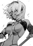  1girl bangs body_markings breasts caenis_(fate) chouonsoku-jiisan closed_mouth fate/grand_order fate_(series) fingerless_gloves gloves greyscale hair_between_eyes hairband highres holding large_breasts looking_at_viewer monochrome short_hair simple_background solo upper_body 