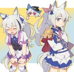  3girls :d alternate_costume animal_ears arknights black_headwear blue_bow blue_skirt bow brown_hair closed_eyes cosplay cowboy_shot d.y.x. dress dual_persona ear_ribbon epaulettes gloves grani_(arknights) grey_eyes hair_between_eyes hair_bow hand_on_own_chest hat horse_ears horse_girl horse_tail leaning_forward long_hair looking_at_viewer multiple_girls open_mouth pink_bow pink_neckwear ponytail puffy_short_sleeves puffy_sleeves purple_dress red_eyes school_uniform short_hair short_sleeves single_epaulette skadi_(arknights) skirt smile solo special_week_(umamusume) special_week_(umamusume)_(cosplay) standing tail thigh-highs thumbs_up tokai_teio_(umamusume) tokai_teio_(umamusume)_(cosplay) umamusume very_long_hair white_gloves white_legwear wrist_cuffs 