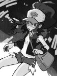  1girl antenna_hair bag baseball_cap eyelashes greyscale hat high_ponytail hilda_(pokemon) holding holding_poke_ball kokesa_kerokero long_hair looking_to_the_side monochrome parted_lips poke_ball pokemon pokemon_(game) pokemon_bw shirt short_shorts shorts shoulder_bag sidelocks solo tank_top vest wristband 