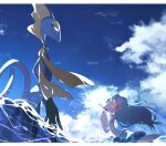  aya_(ayamenora) closed_eyes closed_mouth clouds commentary_request day from_below gen_7_pokemon gen_8_pokemon highres inteleon letterboxed no_humans open_mouth outdoors pokemon pokemon_(creature) primarina sky smile standing tongue water yellow_eyes |d 