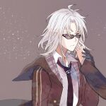  1boy black_jacket black_necktie brown_background closed_mouth corpse_heart hayuki106 hood hood_down jacket long_sleeves looking_at_viewer male_focus medium_hair necktie ness_(corpse_heart) shirt solo sunglasses violet_eyes white_hair white_shirt 