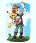  1boy arm_up bangs blush_stickers brown_hair closed_eyes clouds day from_behind gen_1_pokemon green_pants grey_shirt grin highres holding holding_poke_ball kokesa_kerokero leaves_in_wind male_focus pants pikachu poke_ball poke_ball_(basic) pokemon pokemon_(creature) pokemon_(game) pokemon_lgpe pokemon_on_arm shirt shoes short_hair short_sleeves sky smile standing teeth trace_(pokemon) w 