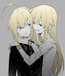  2girls ahoge arm_around_neck artoria_pendragon_(all) bangs black_jacket black_neckwear blonde_hair chouonsoku-jiisan closed_mouth dress fate/zero fate_(series) formal frown genderswap genderswap_(mtf) gilgamesh_(fate) green_eyes hair_between_eyes highres jacket long_hair multiple_girls necktie saber sidelocks simple_background suit upper_body white_dress 