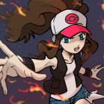  1girl aqua_eyes baseball_cap blue_shorts brown_hair collarbone eyelashes fire floating_hair hat high_ponytail hilda_(pokemon) kokesa_kerokero long_hair open_clothes open_vest pink_headwear pokemon pokemon_(game) pokemon_bw shirt short_shorts shorts sidelocks sleeveless sleeveless_shirt solo two-tone_headwear vest white_shirt wristband 